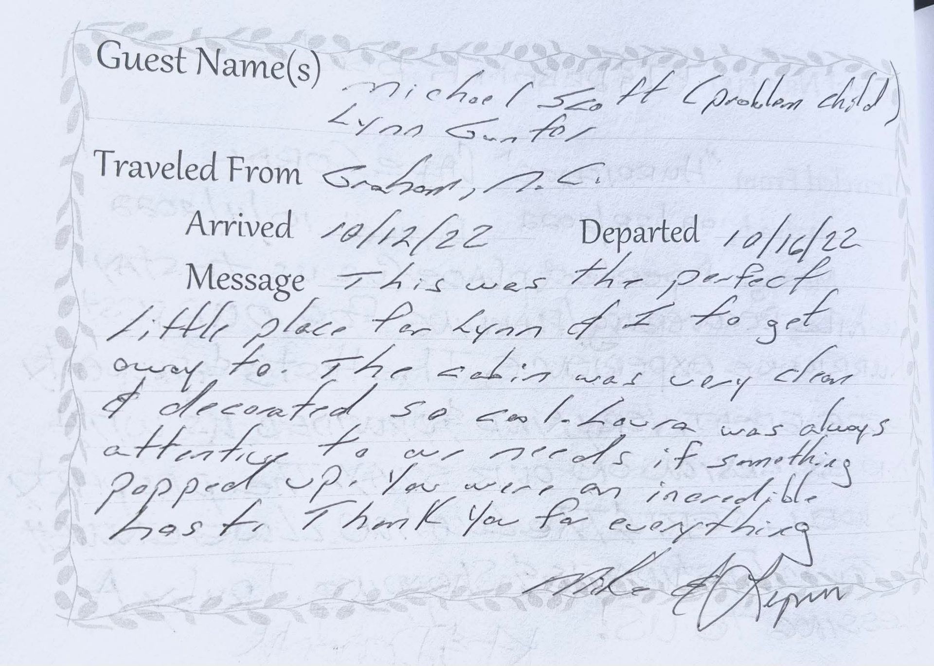 Handwritten guest registration card with notes on travel, arrival, departure, and a message.