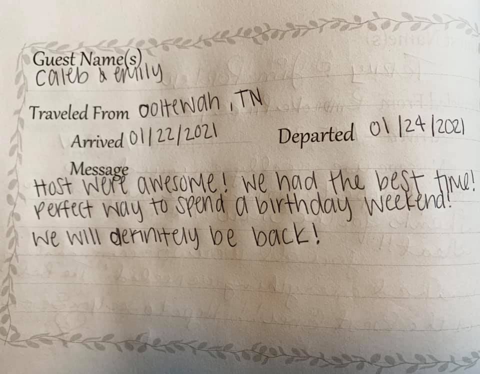 Guest message card with handwritten wedding note dated 01/22/2021–01/24/2021.