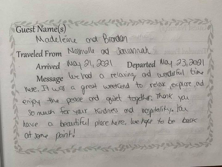 Guestbook page with handwritten note thanking Savannah hosts, dated May 23, 2021.