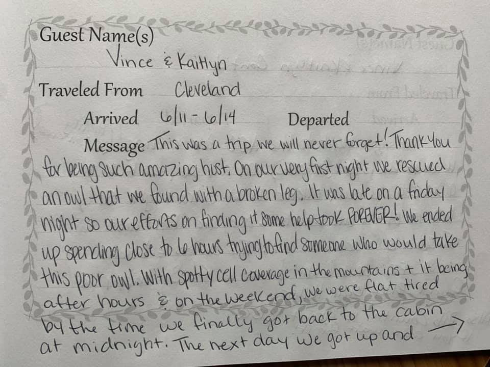 Handwritten guest note on lined paper with “Guest Name(s),” travel details, and a personal message about vacation plans.