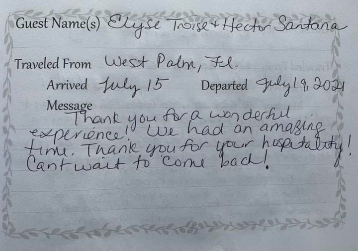 Handwritten guest book note thanking a host, dated July 15, 2024, from West Palm, Fla.