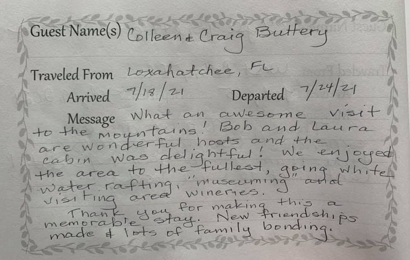 Guest name and travel log entry handwritten on a decorative guest book page.