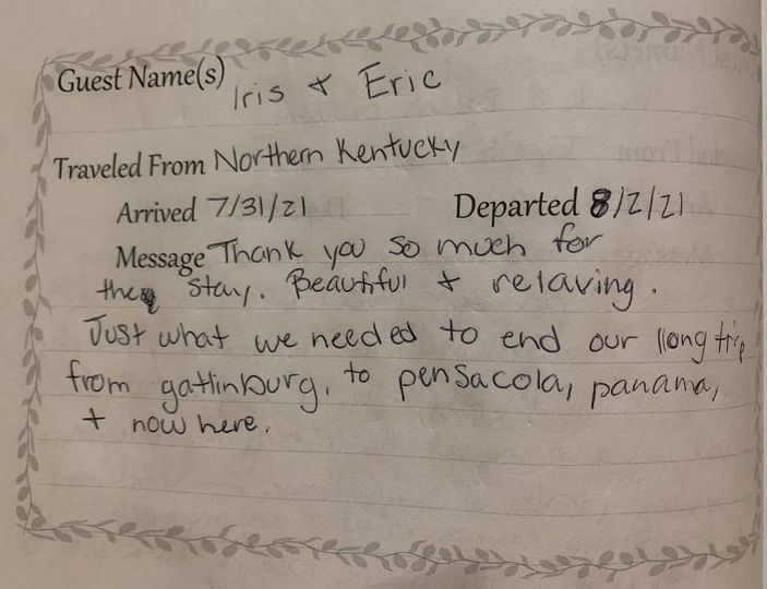 Guest book page with handwritten note thanking Eric for a visit from northern Kentucky.
