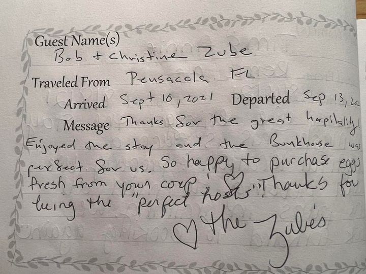 Handwritten guest book entry thanking hosts, dated Sept. 16, 2021, with a heart and signature.