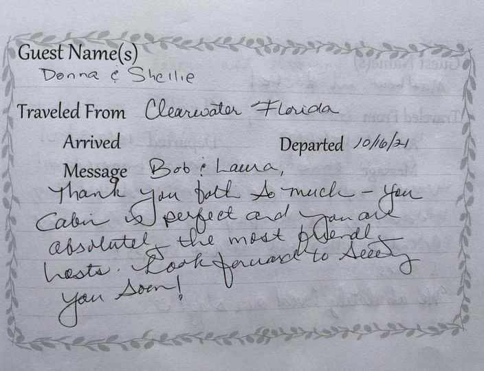 Guestbook note with handwritten message about Florida travel, inside a decorative border