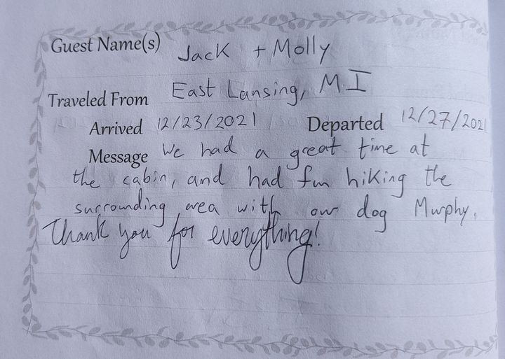 Guest book note from Jack and Molly in East Lansing, MI, thanking hosts for a dog-friendly stay.