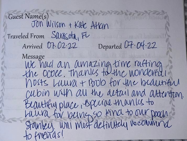 Handwritten guest note thanking Wilson & Leah Allen for a stay at a guest house.