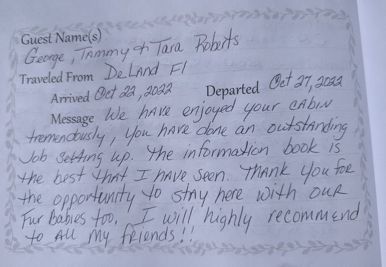 Handwritten guest comment card praising a Florida business, with a departure date and thank-you note