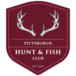 A maroon shield logo with white deer antlers, featuring the text "PITTSBURGH HUNT & FISH CLUB" and "EST. 2024."