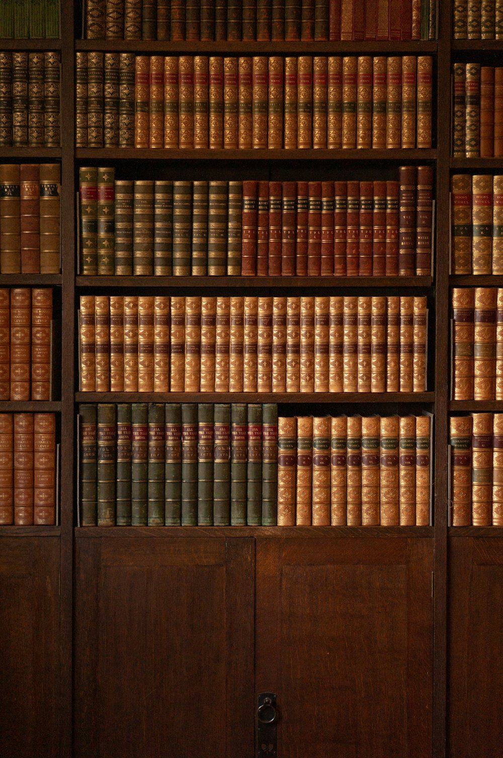 Wooden bookcase filled with old books in a quiet library