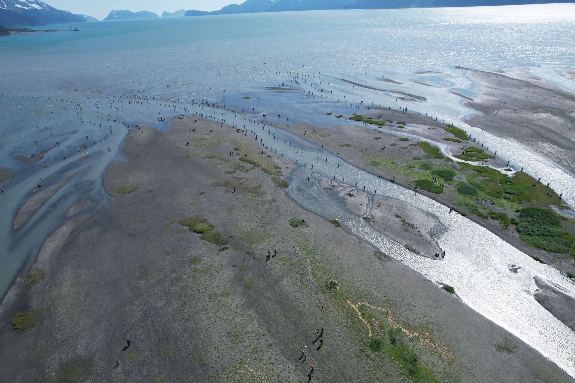 An aerial view of a shallow river delta flowing into a coastal body of water with sparse greenery and mountains.