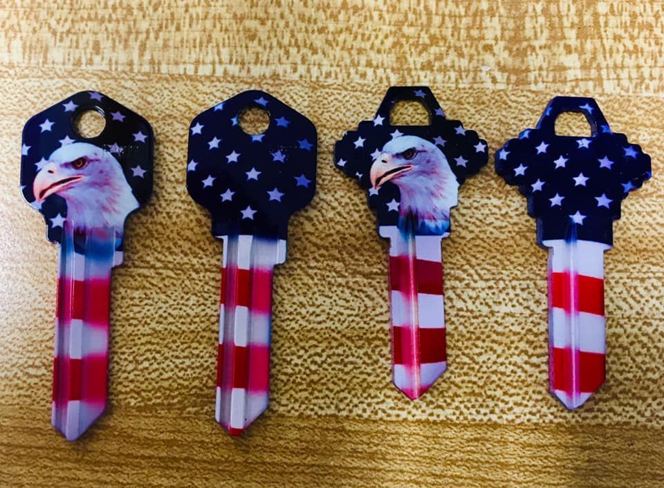 Four keys with an american flag design on them