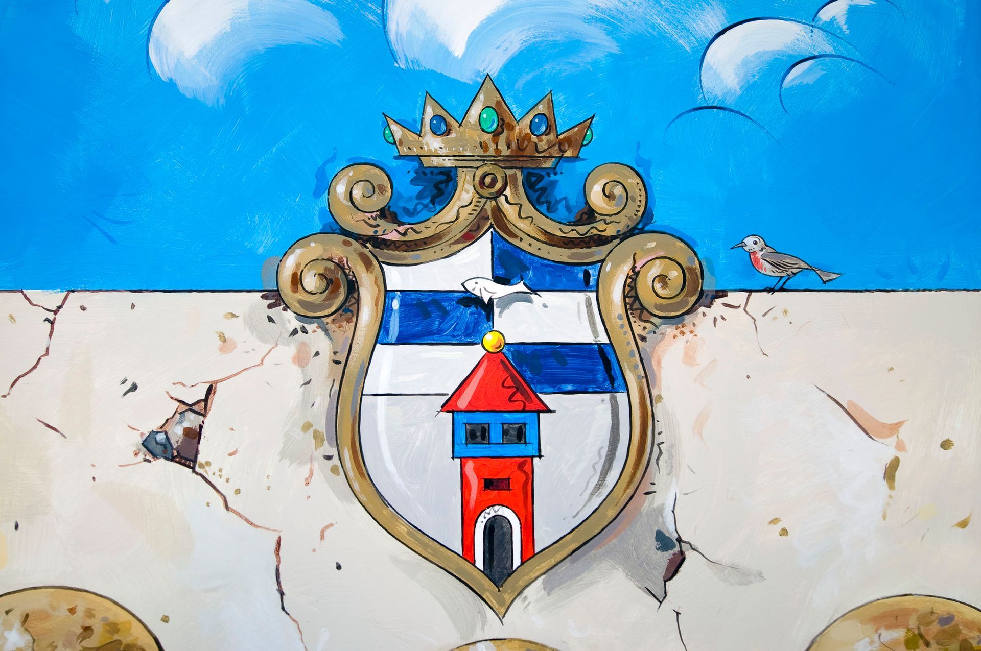 Ein Gemälde eines Wappens mit einem Leuchtturm darauf