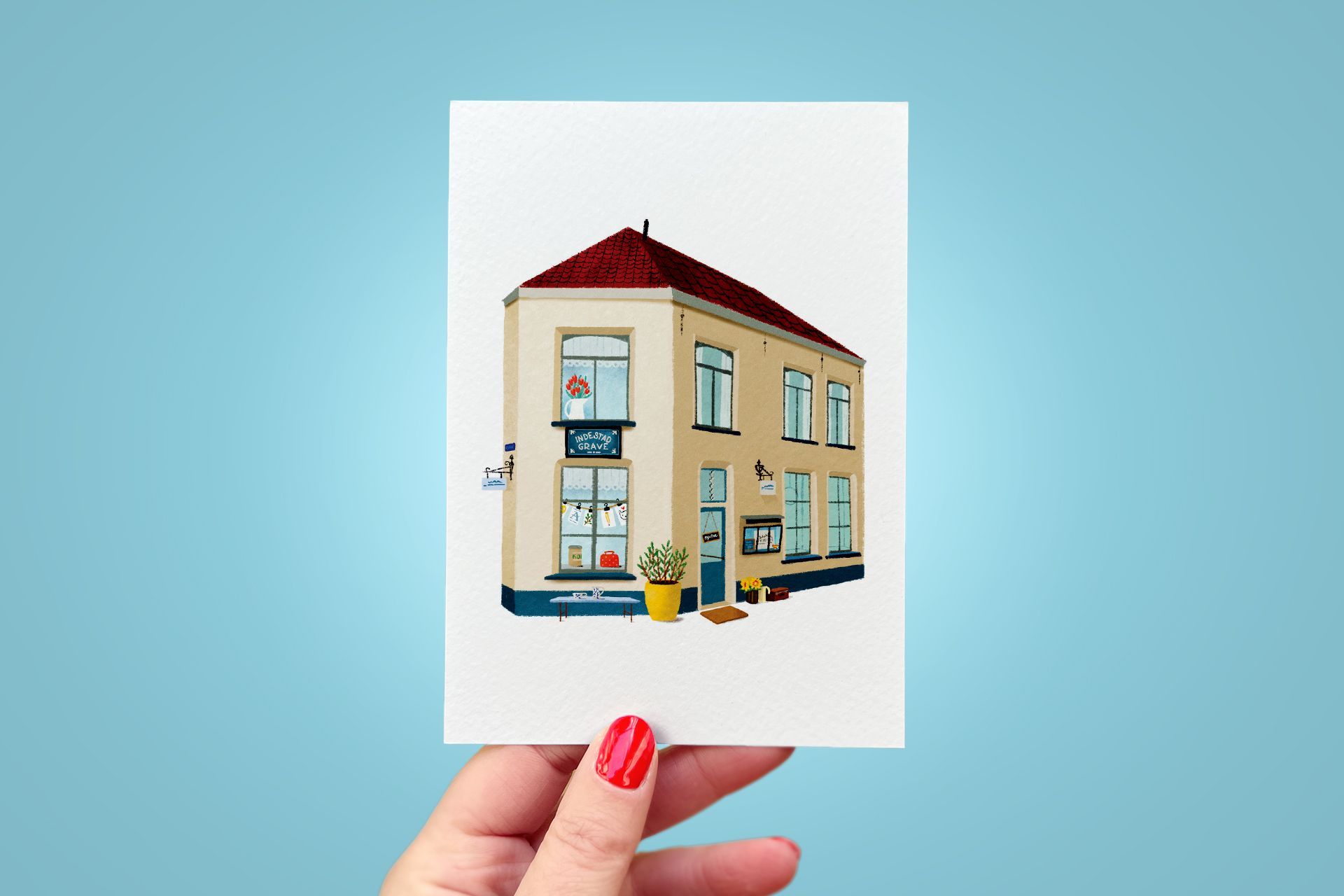 Tekening van het winkeltje 'De Hamstraat' in Grave. Illustratie van Suzanne Menheere.
