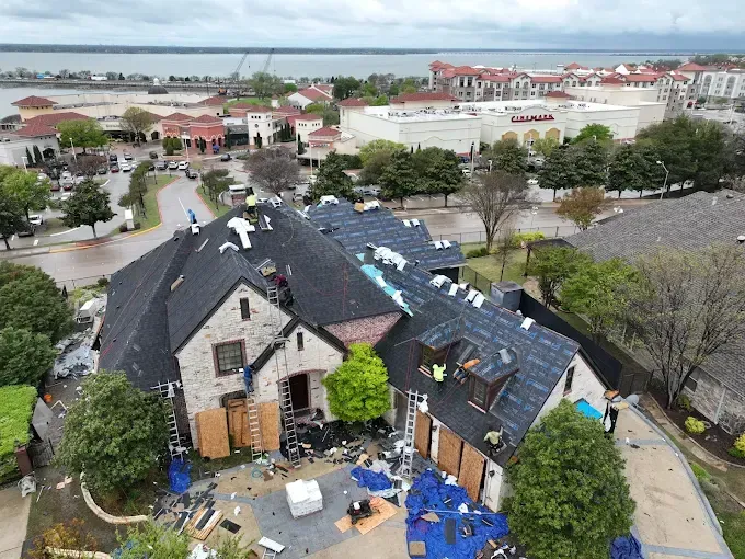 An aerial view of a house that is being remodeled.