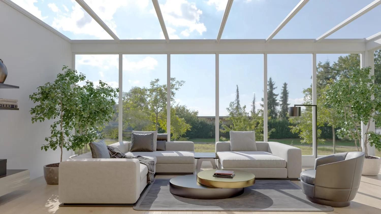 Family relaxing in sunlit sunroom