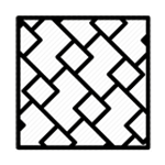 A black and white square icon featuring a geometric pattern of interlocking squares and rectangles at a 45-degree angle.