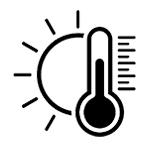 Black icon of a thermometer in front of a half-sun, representing hot weather or high temperature.
