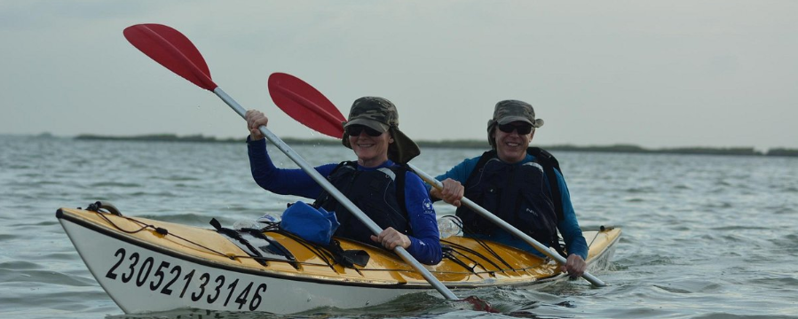 Dos personas en un kayak amarillo en el agua, sosteniendo remos con hojas rojas.