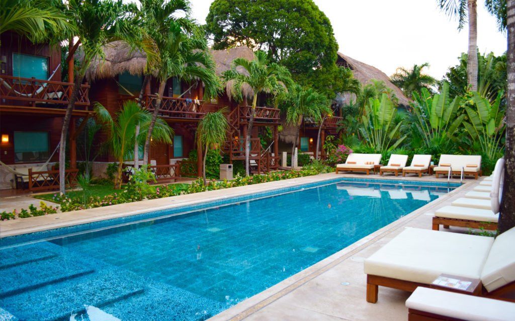 Swimming pool in front of resort with thatched roofs and palm trees. Lounge chairs line the pool's edge.