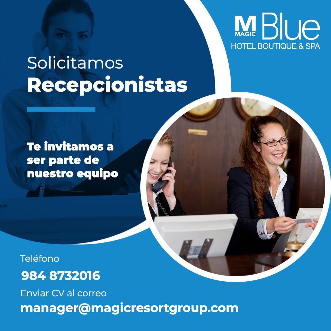 Anuncio para recepcionistas en M Blue Hotel, con información de contacto, detalles en azul y fotos del lobby del hotel.