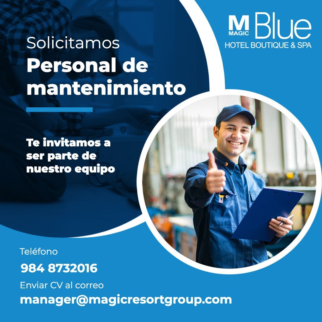 Anuncio para personal de mantenimiento en un hotel. Hombre sonriente con uniforme azul, sujetando un portapapeles .