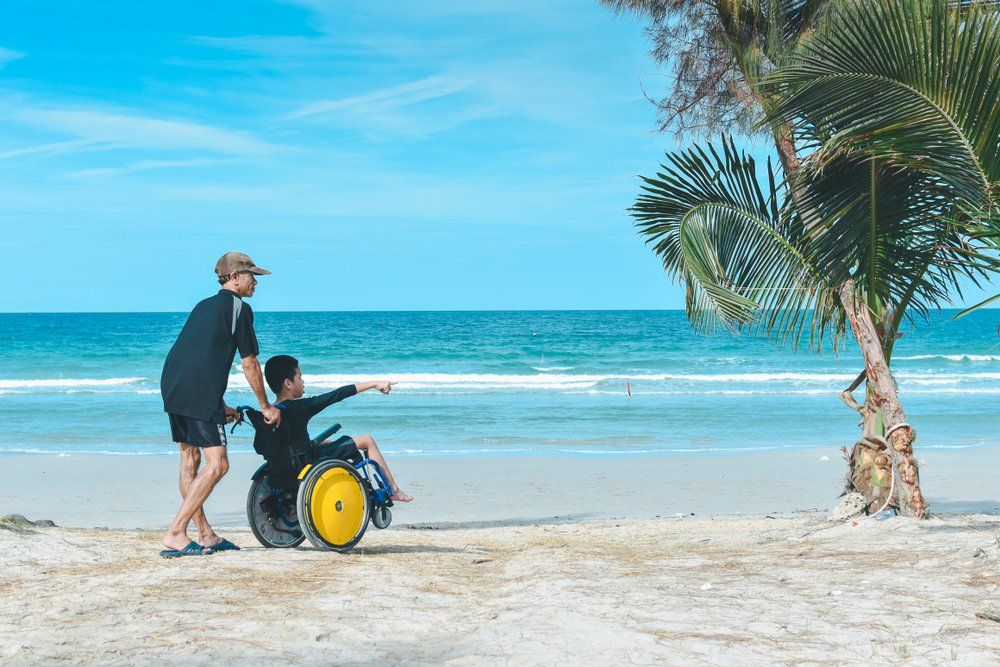 Person pushing a child in a wheelchair on a beach, pointing toward the ocean. Sunny day.