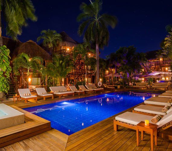 Pool at night with lounge chairs, palm trees, and lit buildings.