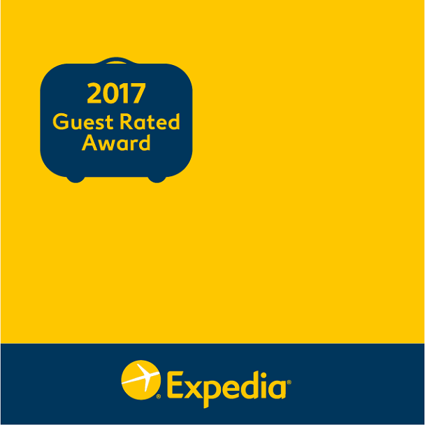 Expedia logo with 2017 Guest Rated Award on a yellow background.