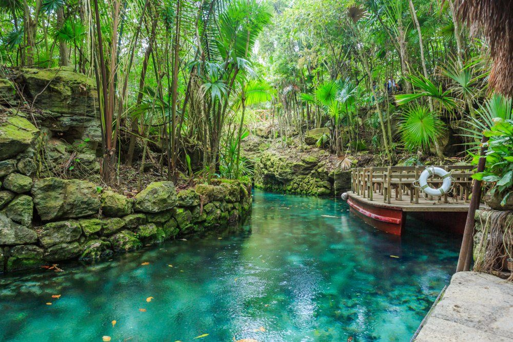 Lush jungle scene with turquoise water and a boat docked near a mossy stone wall.