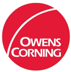 Owens Corning red circular logo with white text and curved white stripe