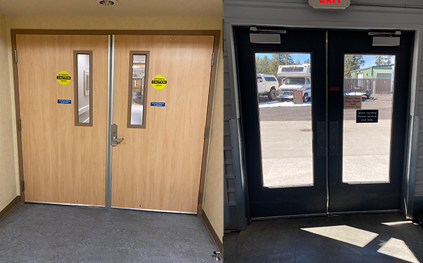 Left: wooden double doors. Right: glass exit doors with bright outdoor light.