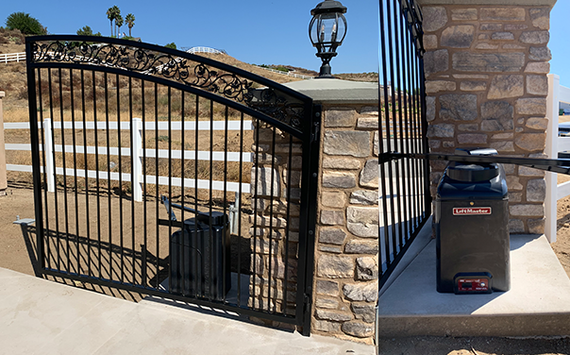 Black wrought-iron gate beside a stone pillar and wall, with a barbecue grill on the patio