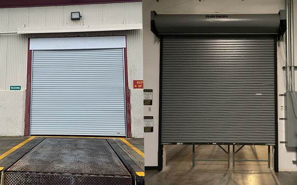 Two roll-up loading dock doors, one white and one gray, at a warehouse exterior.