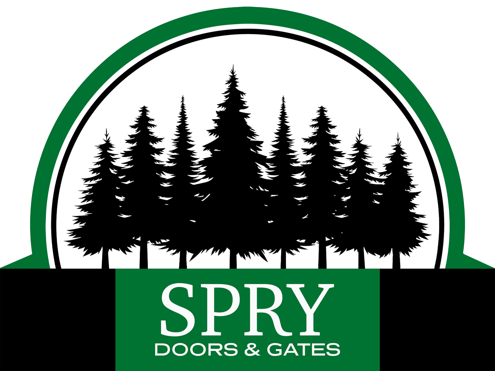 Spry Doors & Gates logo with green arch and black pine trees silhouette