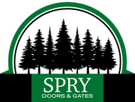Spry Doors & Gates logo with green arch and black pine trees silhouette