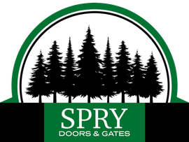 Spry Doors & Gates logo with green arch and black pine trees silhouette
