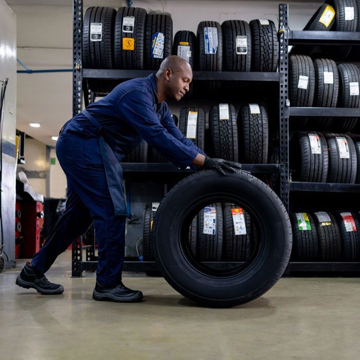 Worker in blue uniform pushing a tire in a tire shop aisle