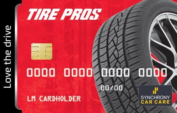Red Tire Pros credit card with chip, tire graphic, and Synchrony Car Care logo