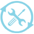 Light blue circle with crossed wrench and screwdriver icon
