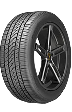 Black car tire mounted on a glossy black alloy wheel, shown on a white background