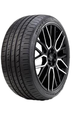 Black alloy wheel with low-profile performance tire on a white background