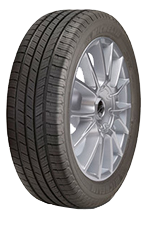 Silver car wheel and black tire, shown at an angle on a white background