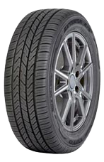 Black car tire with silver alloy wheel on a white background