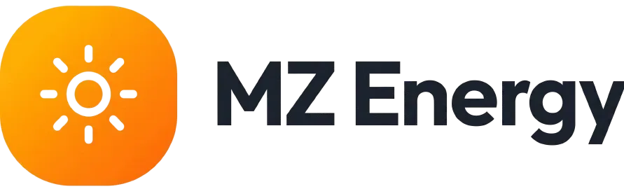 לוגו של MZ Energy עם סמל שמש כתום וטקסט אפור כהה