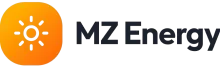 לוגו של MZ Energy עם סמל שמש כתום וטקסט אפור כהה