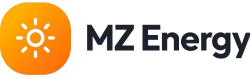 לוגו של MZ Energy עם סמל שמש כתום וטקסט אפור כהה