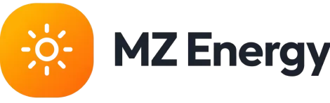 לוגו של MZ Energy עם סמל שמש כתום וטקסט אפור כהה
