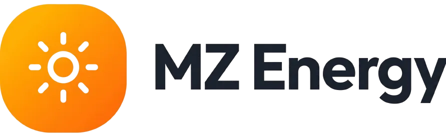 לוגו של MZ Energy עם סמל שמש כתום וטקסט אפור כהה