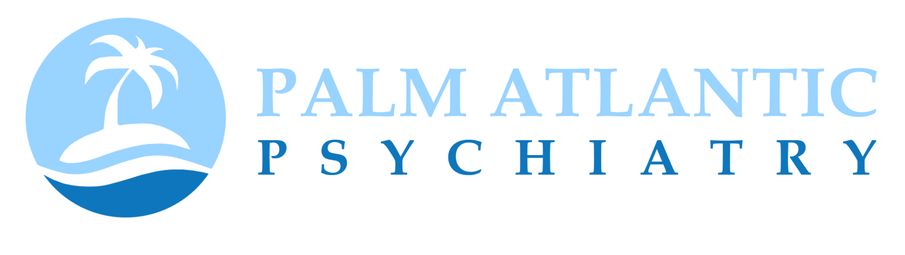Palm Atlantic Psychiatry logo: a palm tree on an island with waves inside a light blue circle, text next to it.